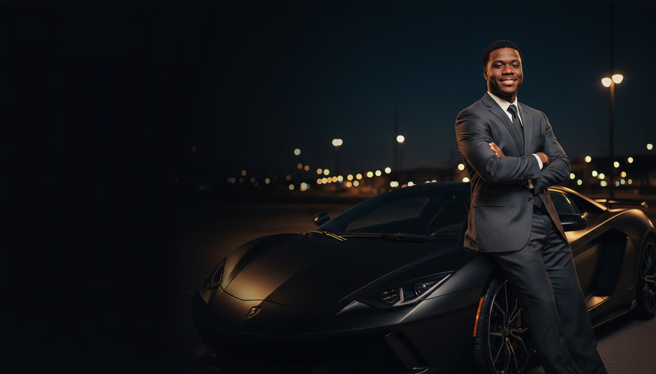 Champions Exotics client in a suit beside a matte-black supercar at night
